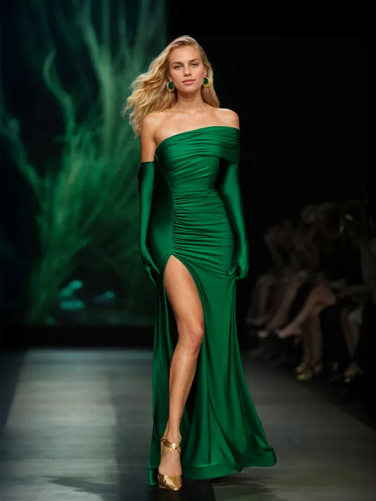 Emerald Bodycon Slit Dress with Gloves