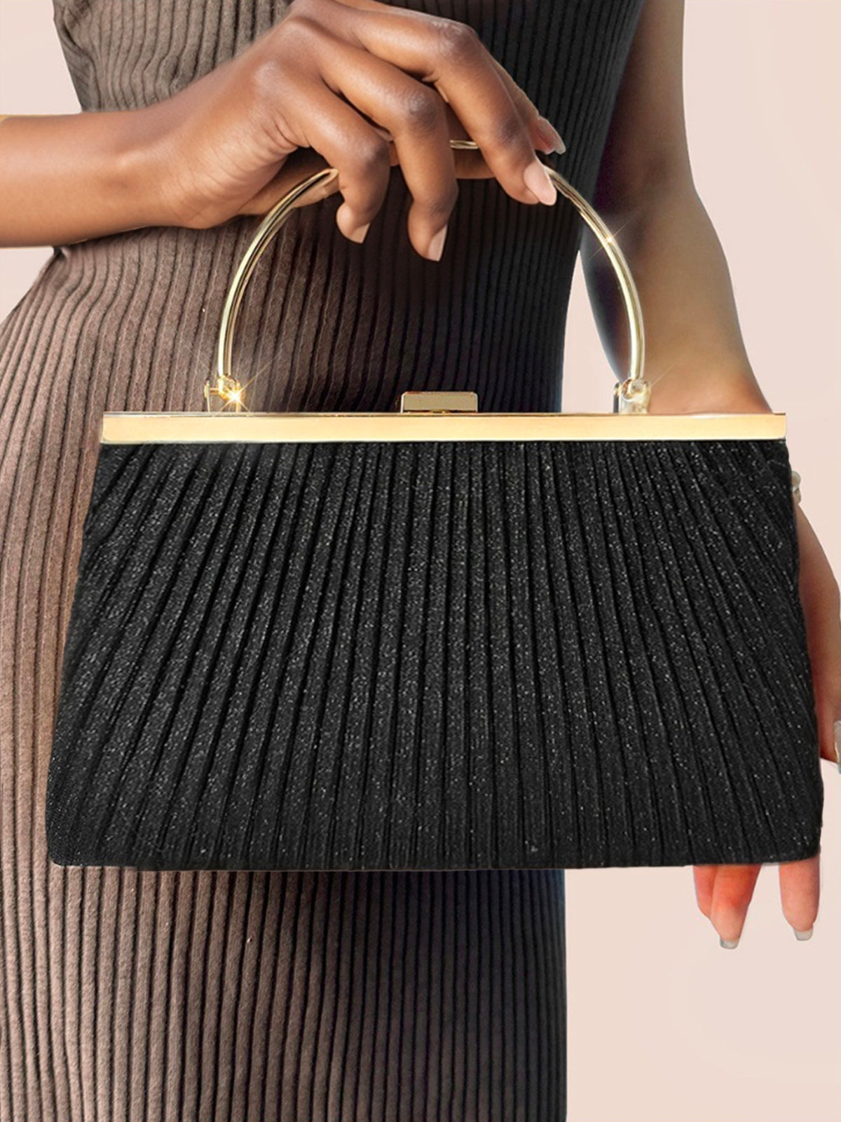 Gold Sparkling Glitter Pleated Handbag