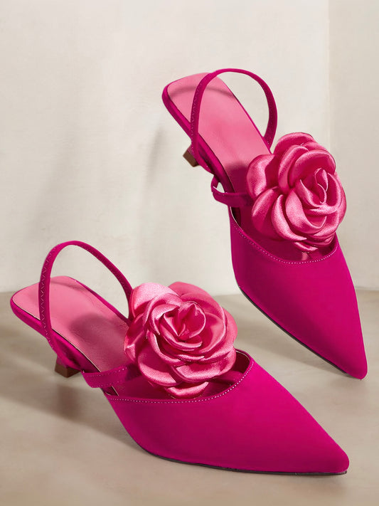 Fuchsia Satin Kitten Heeled Pumps